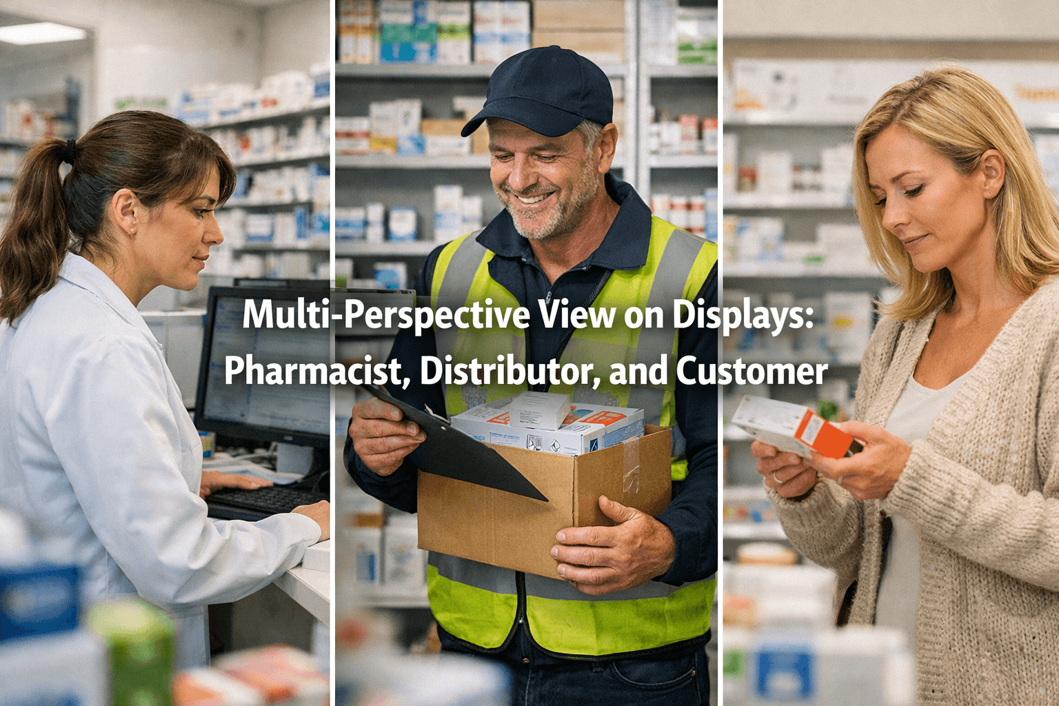 Multi Perspective View On Displays Pharmacist, Distributor, And Customer Multi Perspective View On Displays Pharmacist, Distributor, And Customer