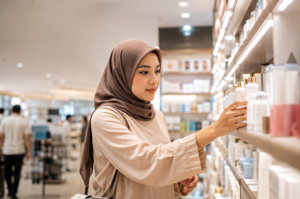 Shopper Engaging With A Product Display In A Modern Pharmacy