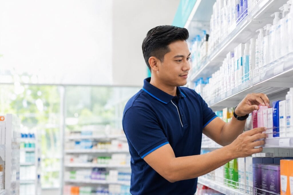 Field Merchandiser Arranging Products On A Malaysian Pharmacy Shelf