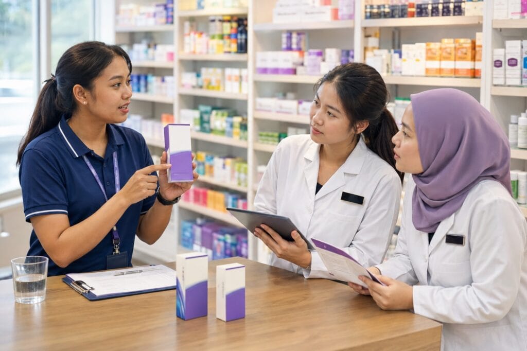 Prioocare Field Trainer Briefing Two Malaysian Pharmacists On A New Otc Product Behind The Dispensing Counter