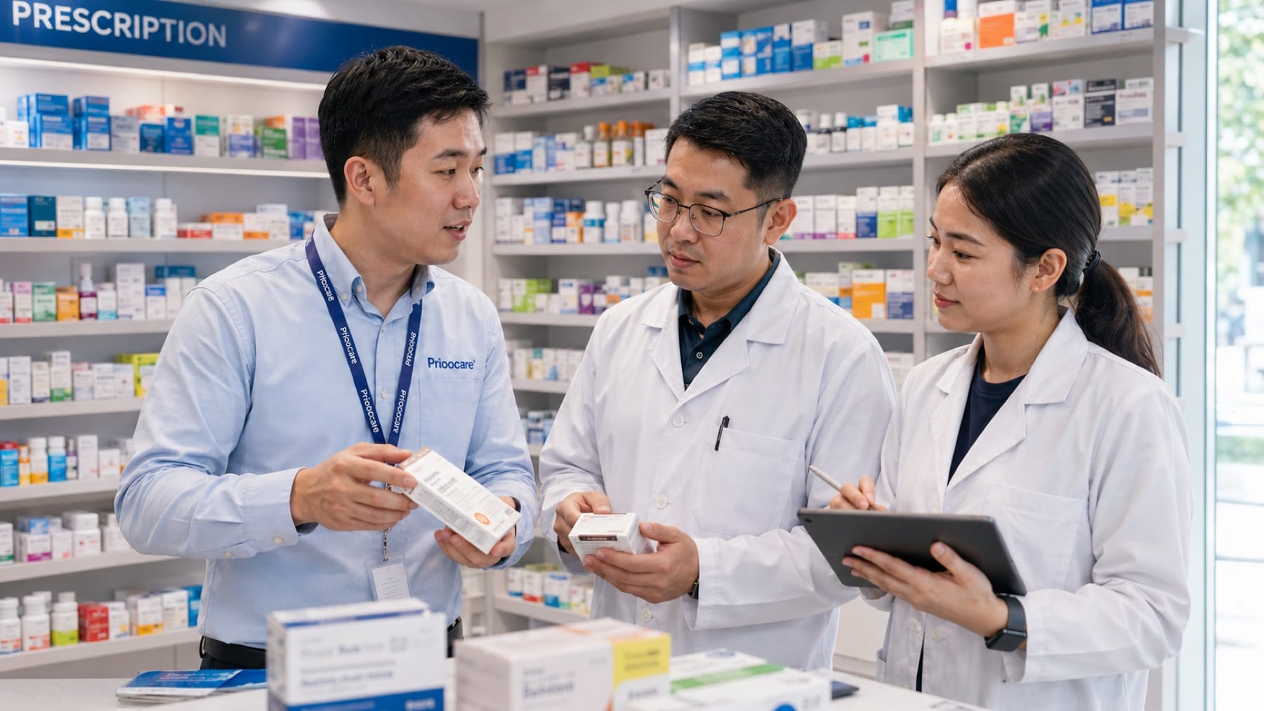 Prioocare Product Specialist Conducting Product Training With Pharmacists At A Malaysian Pharmacy